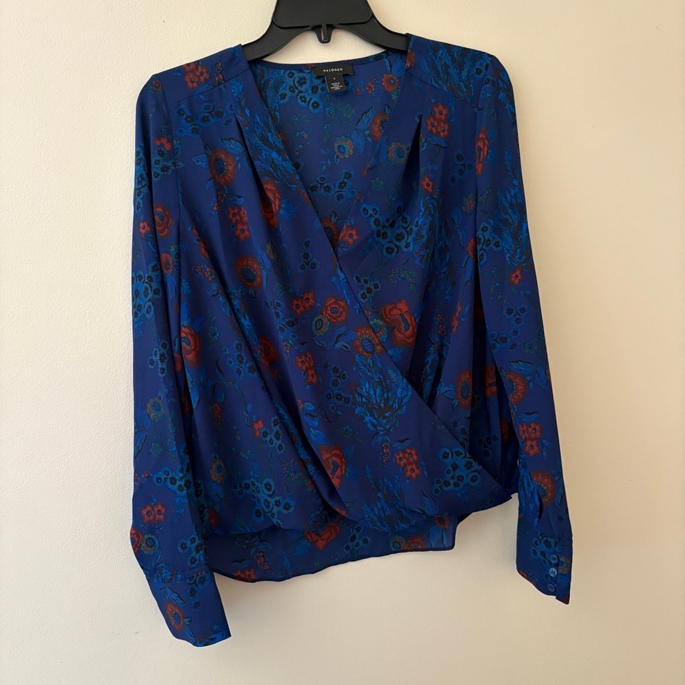 Halogen Nordstrom Blue Floral Surplice Wrap Blouse Small Long Sleeve Top